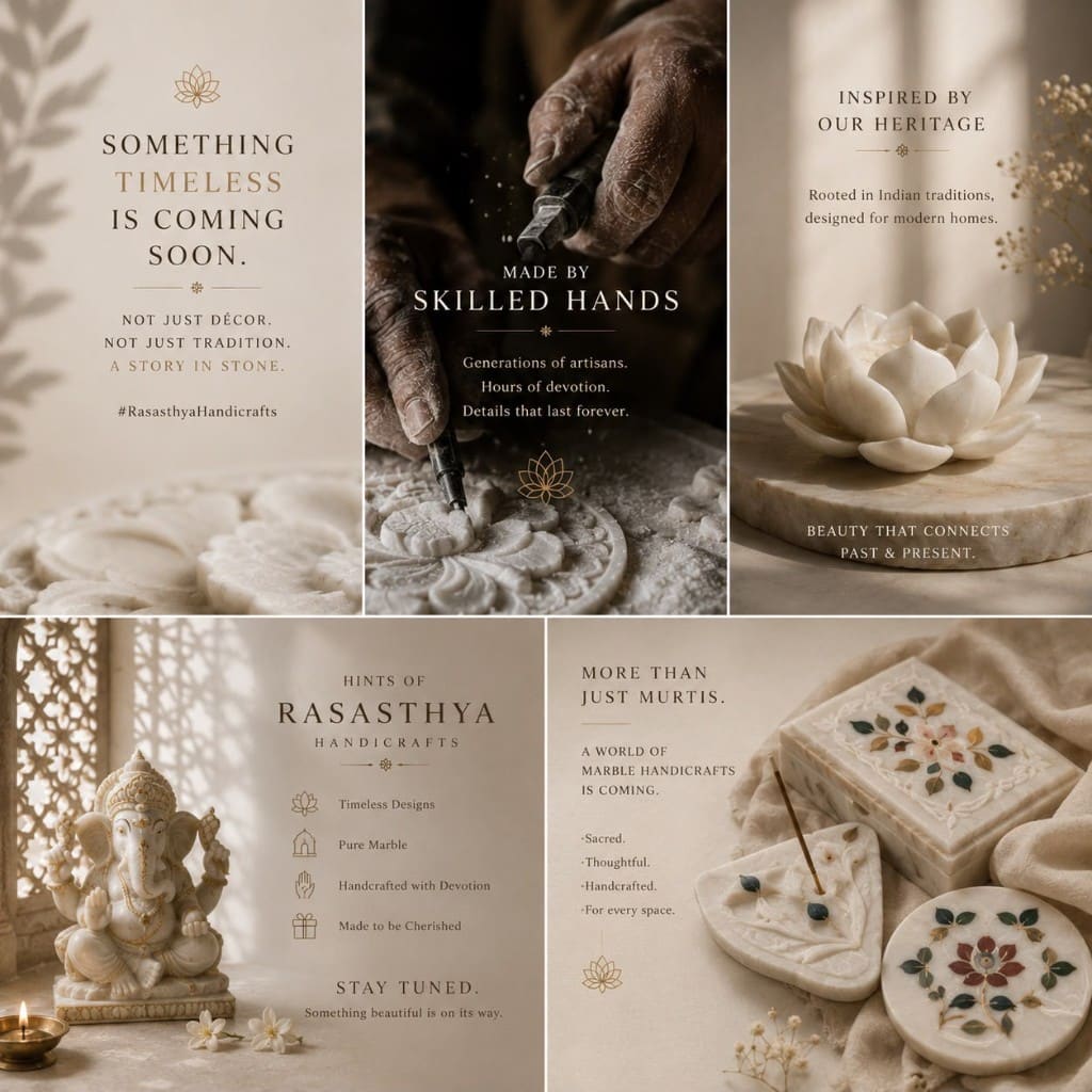 Moodboard of Rasasthya marble work: carving, lotus sculpture, Ganesha murti, and pietra dura objects