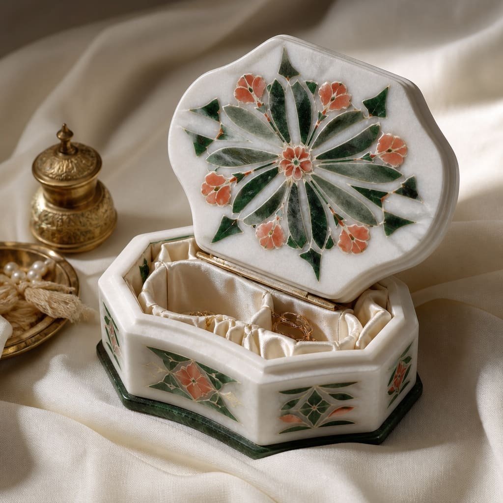 Custom white marble jewelry casket with floral stone inlay