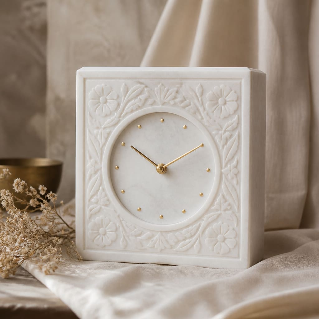 Hand-carved white marble mantel clock on cream linen