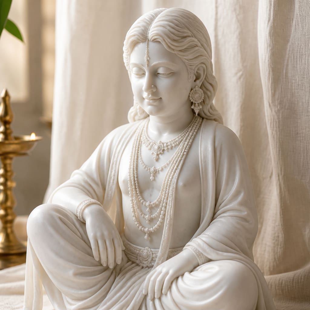 Hand-carved white marble portrait murti of a seated figure on cream linen