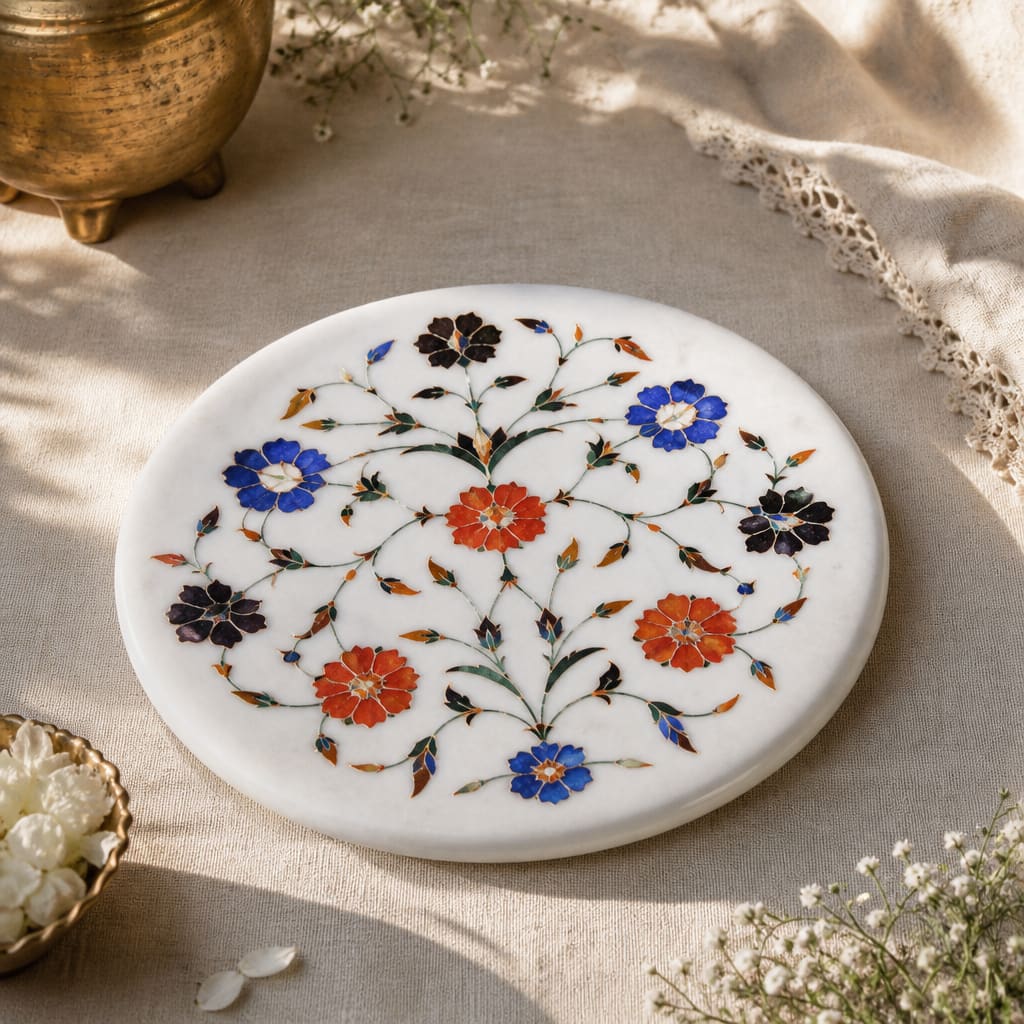 Round white marble plate with floral pietra dura inlay