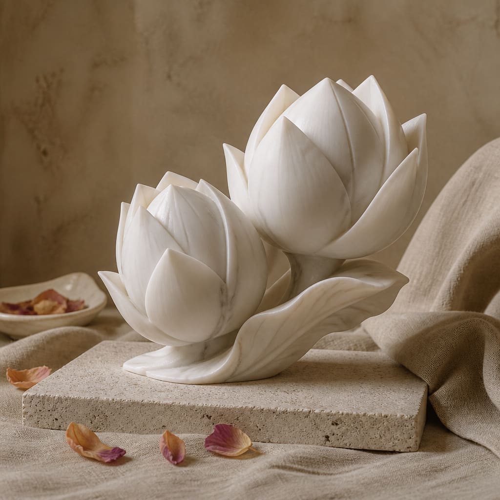 Hand-carved white marble lotus-bud sculpture on a stone plinth