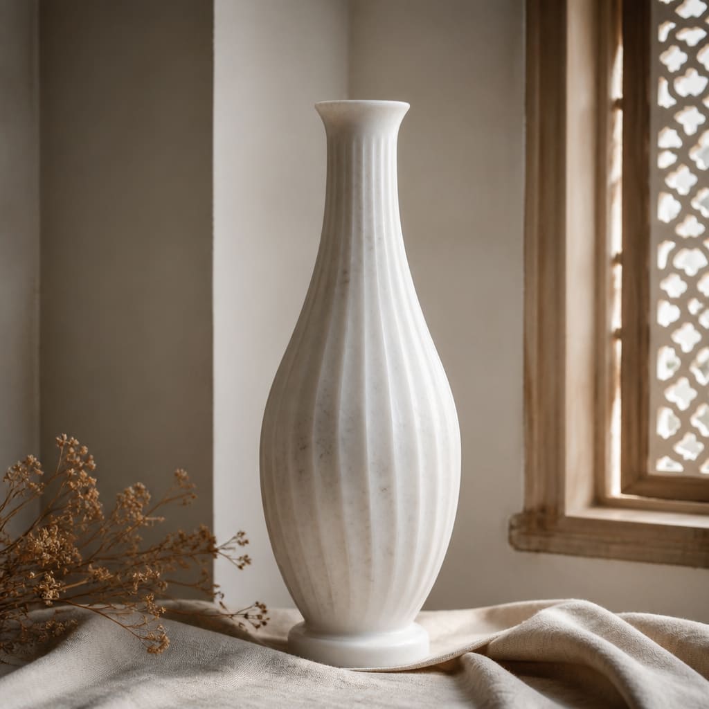 Tall hand-carved white marble vase on cream linen