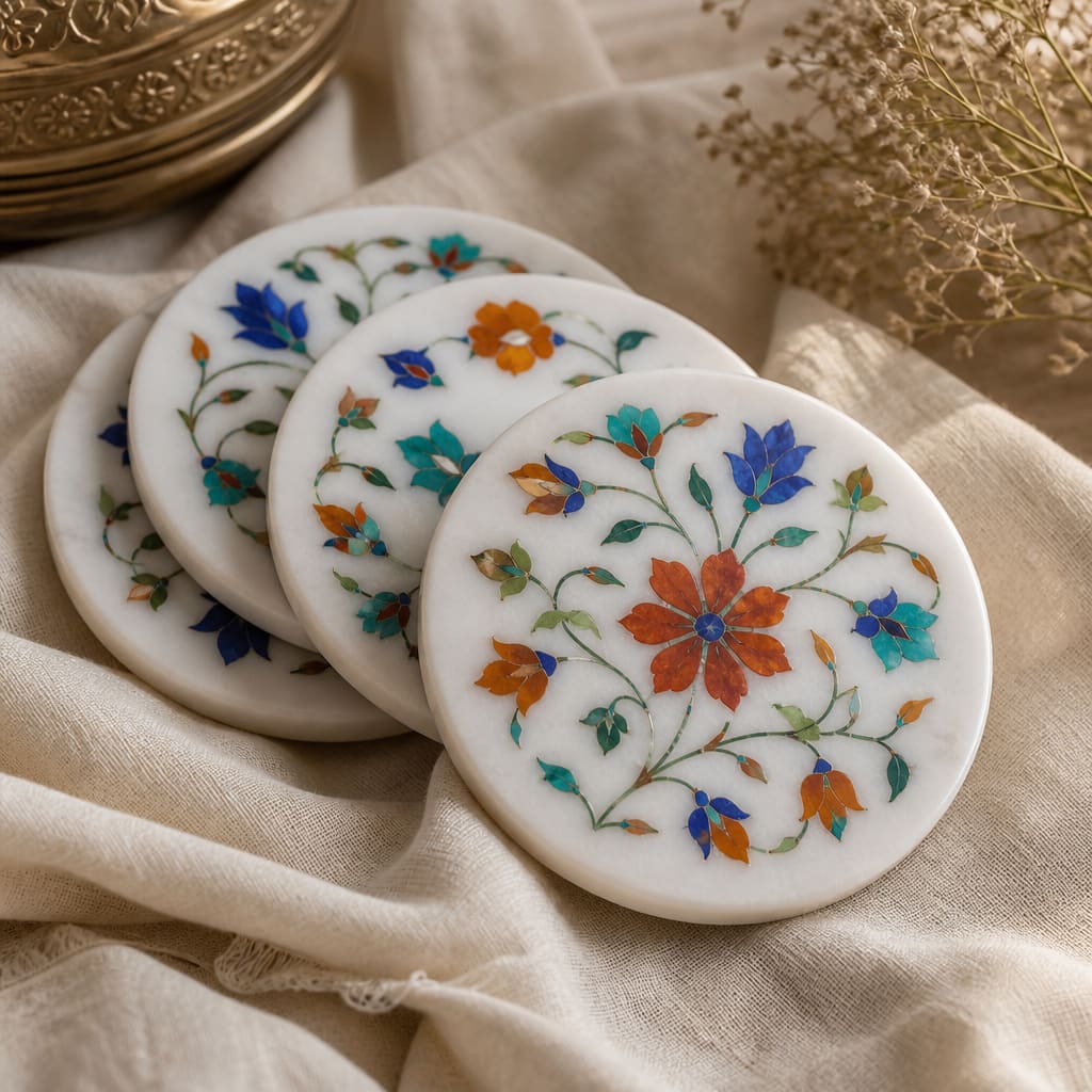Set of round white marble coasters with colourful floral stone inlay arranged on linen