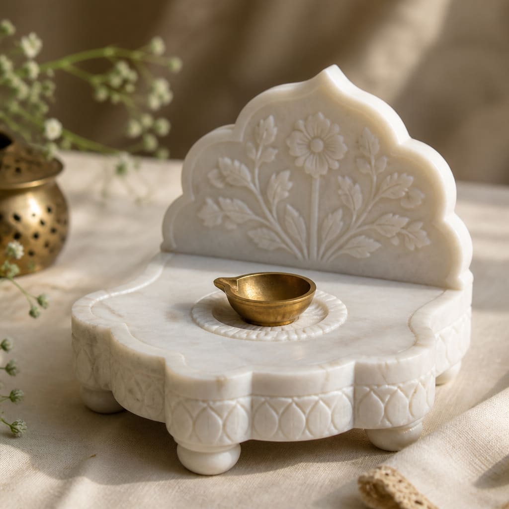 Carved white marble diya stand on cream linen with a small brass oil lamp