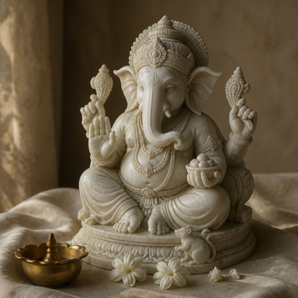 Hand-carved white marble Ganesha murti on cream linen beside a brass diya and jasmine flowers