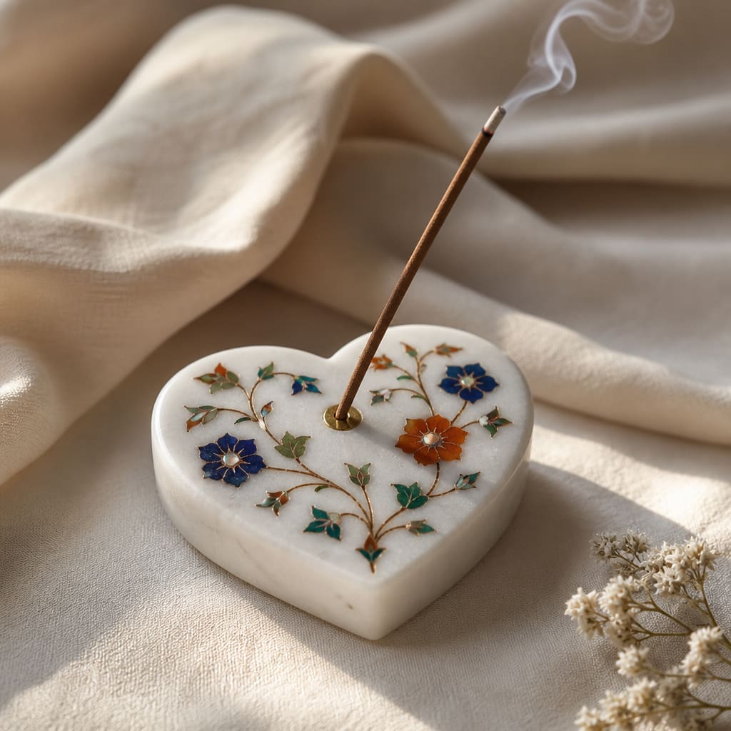 Heart-shaped white marble incense holder with floral inlay and a stick of incense on linen