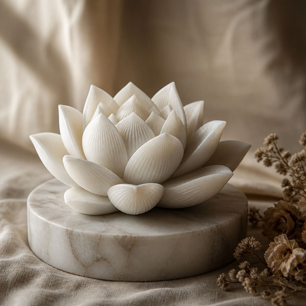 Hand-carved white marble lotus sculpture on a circular stone base